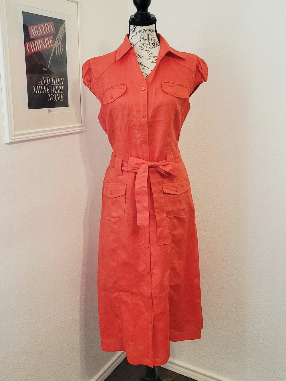 Vintage Lino USA 100% Linen Dress Orange Button Front Midi Size Small Pockets